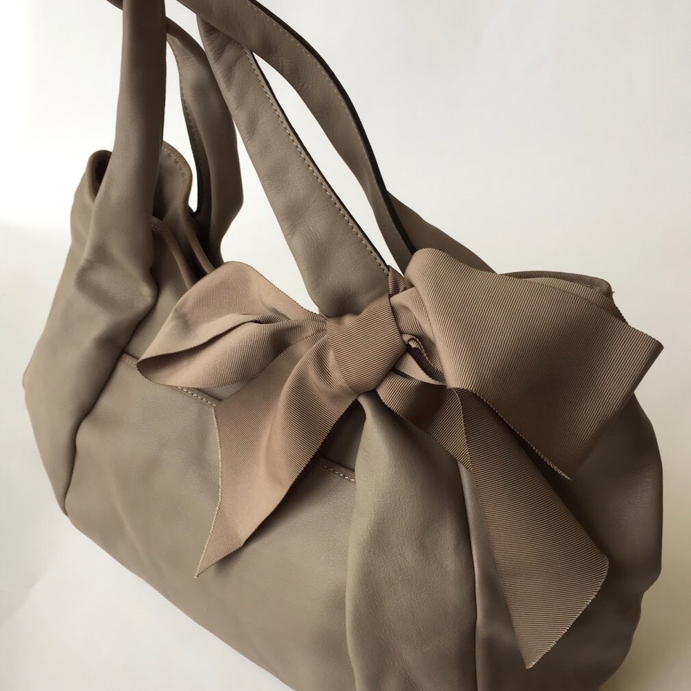 Ann Taylor Taupe Grosgrain Bow Leather Bag